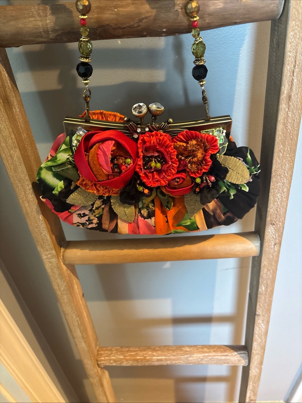 Mary Frances Red Green Multicolor Floral Beaded Strap Clutch - Picture 6 of 14